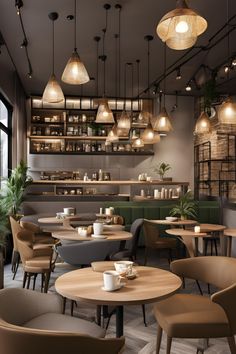 the interior of a restaurant with wooden tables and chairs, potted plants and hanging lights