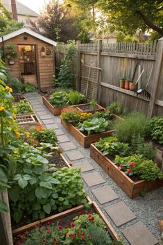 a garden filled with lots of different types of plants and flowers next to a wooden fence