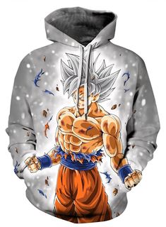 the dragon ball gohan hoodie is shown in grey and blue with an image of trunks