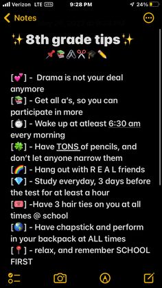 an iphone screen with the text 8 th grade tips on it and other things to do