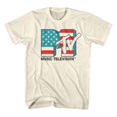 a white t - shirt with an american flag and the tv logo on it's chest