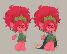 two cartoon characters with red hair and green leaves on their heads, one is wearing a tia