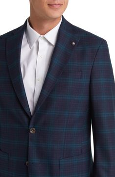 Handsome plaid elevates an unstructured modern sport coat crafted from a stretch-kissed wool. 29 1/2" length (size 40R) Notched lapels Partially lined 97% wool, 3% elastane Dry clean Made in Canada Tailored Plaid Sport Coat For Business Casual, Plaid Wool Blazer For Business Casual, Fitted Single Button Plaid Outerwear, Sport Coat, Dry Clean, Nordstrom, Plaid, Wool, Navy