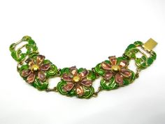 Art Nouveau Enameled Bracelet  Vintage Jewelry - glass jelly pink  flowers and two green tones for the leaves -Art.615/5 Green Flower-shaped Formal Jewelry, Unique Enamel Flower Shaped Jewelry, Unique Enamel Flower Jewelry, Green Enamel Jewelry For Wedding, Green Enamel Wedding Jewelry, Green Flower-shaped Enamel Jewelry, Vintage Green Flower Shaped Jewelry, Leaves Art, Jewelry Glass