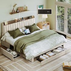 a bedroom with a bed, nightstands and books on the shelf in front of it