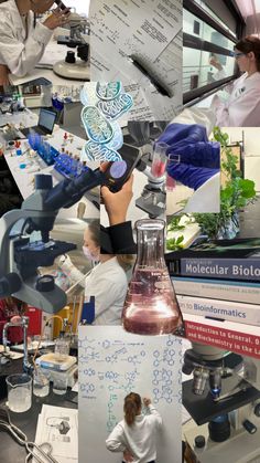 a collage of photos with people working in the lab and doing different things on them