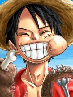 one piece is smiling and holding a wrench in his right hand while wearing a straw hat