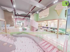 an ice cream shop with pink and green decor on the walls, stairs, and tables