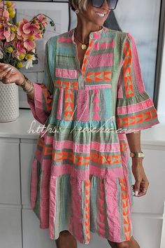 Just My Type Linen Blend Colorful Ethnic Print Bell Sleeve Babydoll Mini Dress Just My Type, Fun Outfits, Babydoll Mini Dress, My Type, Ethnic Print, Mode Fashion, Bell Sleeve, Linen Blend, Fitness Fashion