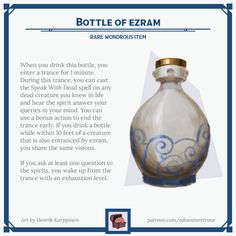 a bottle with blue swirls on it and a caption for an article in the bottom right corner