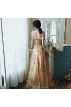 Sparkly Champagne Gold Aline Long Prom Dress For Formal - $107.89 #AM79039 - SheProm.com Princess Dress Aesthetic, Prom Dresses Long Elegant, Tulle Formal Dress, Sparkly Champagne, Dress For Formal, Dress Aesthetic, Fashion Dresses Casual, Formal Party, Style Dresses