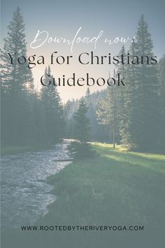 the yoga for christians guidebook with trees in the background and text overlay