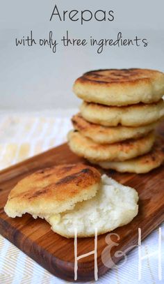 some pancakes are stacked on top of each other with the words, how to make arepas with only three ingredients