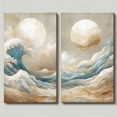 two paintings depicting the ocean with waves and a sun in the sky, one on top of