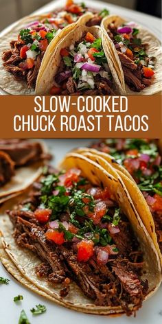 slow - cooked chuck roast tacos with salsa and cilantro on the side