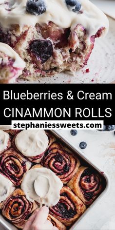 blueberries and cream cinnamon rolls with icing on top