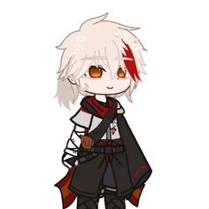 an anime character with white hair and red eyes, wearing a black outfit while standing in front of a white background