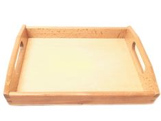 an empty wooden tray on a white background