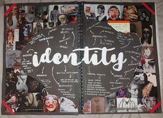 an open book with the word identity written on it and pictures of people around it