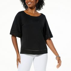 TWRHLL by Christie Brinkley Bell Sleeve T-Shirt Fun and flirty with flowy sleeves, a convertible neckline and a super-cute, peekaboo stitch, this versatile tee is anytime casual one day and date-night adorable the next. Chic Stretch Tops With Flutter Sleeves, Solid Flutter Sleeve Tops For Fall, Solid Color Flutter Sleeve Tops For Fall, Fall Solid Color Tops With Flutter Sleeves, Fall Flutter Sleeve Solid Tops, Black Flutter Sleeve Tops For Spring, Casual Black Top With Flutter Sleeves, Christie Brinkley, Flowy Sleeves