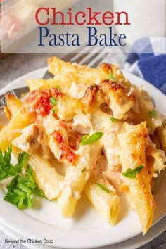 chicken pasta bake on a plate with parsley