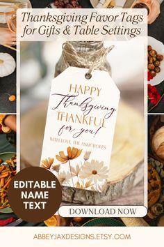 thanksgiving tags for gifts and table settings with free printable text on them to use as gift tags