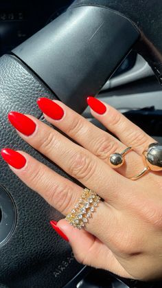 Red almond nails #rednails #redalmondnails #goldrings #rednailtheory Hot Red Nails, Red Almond Nails, Almond Nails Red, Cornrows Braids For Black Women, Short Almond Nails, 2024 Nails, Short Almond, Brow Lash, Nails Red