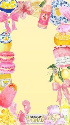 a watercolor painting of food and drinks on a yellow background with pink ribbon around the edges