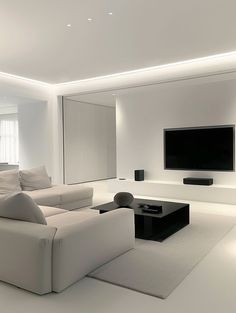 Modern Gray And White Living Room, White And Grey House Aesthetic, Minimalist And Modern Living Room, Home Interior Design Apartments, Monochrome Living Room Ideas, Light Gray Aesthetic, All White Living Room, Color In Interior Design, Light Interior Design