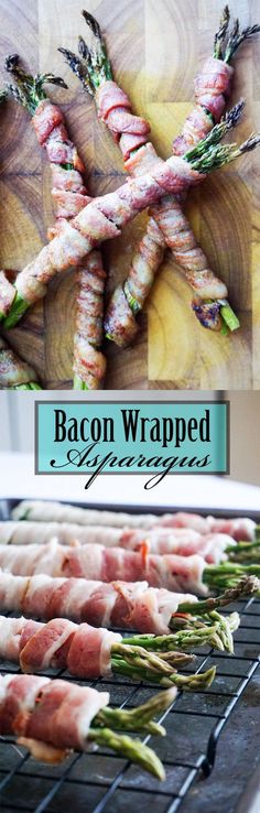 bacon wrapped asparagus on a grill with text overlay that reads bacon wrapped asparagus