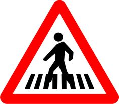 a pedestrian crossing sign is shown in red and black, with an image of a man walking across the street