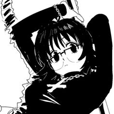 a black and white drawing of a girl with glasses