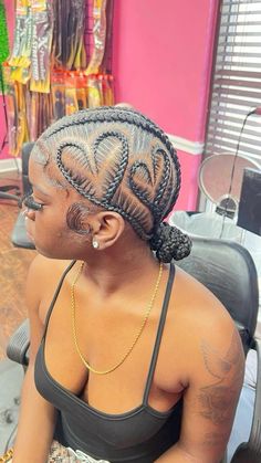 Cute Braided Up Hairstyles, Heart Braid Designs, Heart Hairstyles Black Women, Quick Protective Braids For Black Women, Cute New Braided Hairstyles, Knotless With Design, Summer Black Women Hairstyles, Stitch Braids With Star, Exotic Braids Black Women