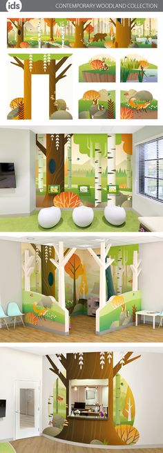 this is an image of the inside of a house with trees and grass in it