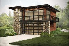 this is an artist's rendering of a two story house with stone and wood accents