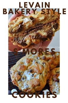 two pictures of cookies and one with the words, learn to bake bakery style s'mores cookies