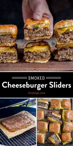 grilled cheeseburger sliders are stacked on top of each other