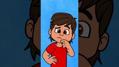 an animated image of a boy holding his finger to his mouth and looking at himself in the mirror