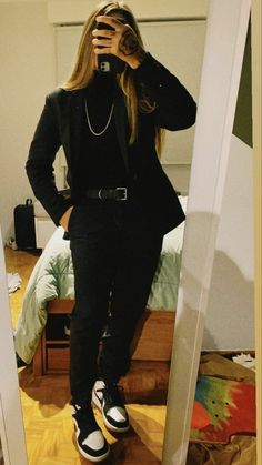 Tomboy All Black Outfit, Masculine Costumes For Women, Woman In Mens Suit, Black Masc Women In Suits, Graduation Outfit Ideas Tomboy, Masculine Styles For Women, Masc Woman Formal Outfits, Prom Clothes For Tomboys, Formal Masculine Women Outfits