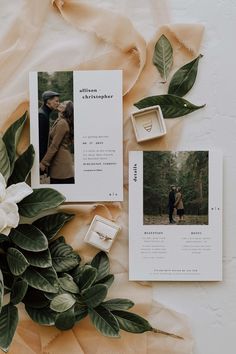 the wedding stationery is surrounded by greenery and photoshopped onto paper, including an image of a bride and groom