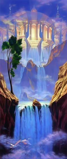 a painting of a waterfall with trees in the foreground