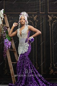 Sparkly Rhinestones Plunging Neck Purple Sequin Mermaid Prom Dress #2024 #prominspiration Grade Dresses, Sequin Mermaid Prom Dress, Wedding Guest Gowns, Prom Inspiration, Purple Prom, Gold Prom Dresses, Gorgeous Prom Dresses, Dream Prom, Prom Girl Dresses