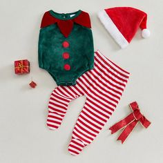 Includes: Romper, Pants, & Hat Material: Polyester Gender: Boys & Girls Pattern: Stripes Sleeve Length: Sleeveless Summary: Baby Toddler Sleeveless Elf Romper with Striped Footie Pants & Hat 3 Piece Christmas Outfit Playful Sleeveless Bottoms For Playtime, Red Cotton Holiday Onesie, Baby Sweater Romper Christmas, Red Playful Winter Onesie, Christmas Long-sleeve Playtime Onesie, Gymboree Christmas Boys Clothes Size 7, Baby Boy Christmas, Elf Clothes, Striped Sleeve