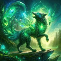 a painting of a green wolf standing on top of a log in front of a forest