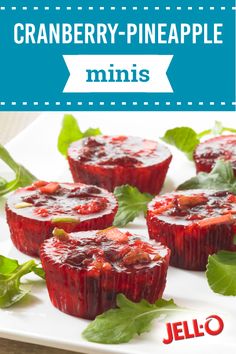 cranberry pineapple minis on a white plate with green leaves around them