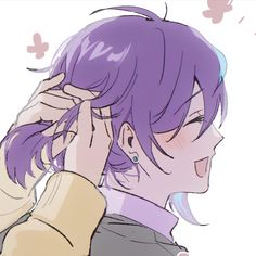 an anime character with purple hair talking on the phone