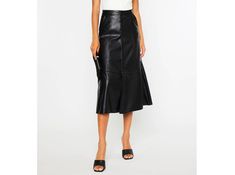 Black Faux Leather Skirt Leather Flared Skirt For Night Out, Sleek Leather Skirt For Spring, Leather Skirt Bottoms For Workwear, Leather Skirt For Workwear, Faux Leather Skirt For Workwear, Leather Midi Skirt For Party, Chic Leather Skirt For Work, Leather Flared Skirt For Spring, Modern Leather Skirt For Night Out