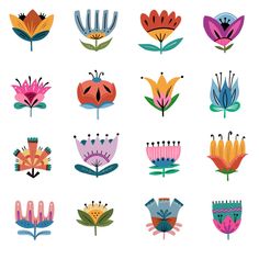 Folk art flower illustration Folk Art Line Drawing, Folk Art Daisy, Polish Folk Illustration, Folk Flowers Illustration, Folk Flower Pattern, Colorful Folk Art, Tulip Folk Art, Stylized Flowers Illustration, Folk Art Designs Pattern