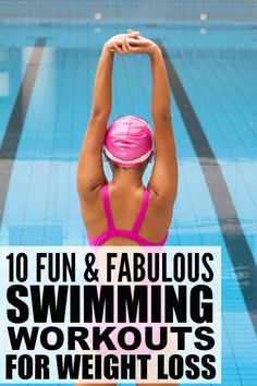 a woman in a pink swimsuit is holding up her arms with the words 10 fun and fabulous swimming lessons