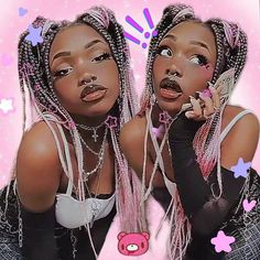 two black women with pink hair and white bras, one has her hand on her face